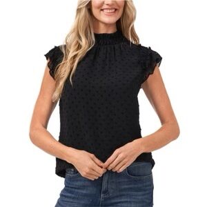 NWT CeCe Black Swiss Dot Mock Neck Flutter Sleeve Blouse Women’s Medium